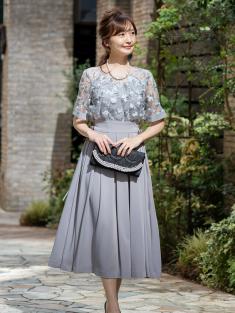 花柄刺繍タックスカートドレス(グレー)H1-384GRY-L