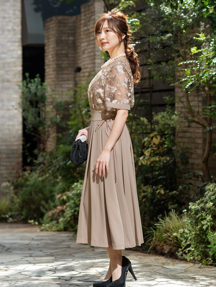 花柄刺繍タックスカートドレス(モカ)H1-384MOC-L 6