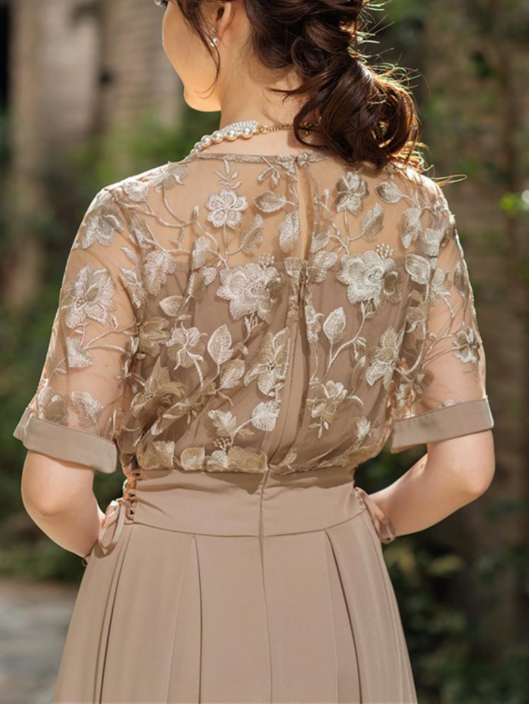 花柄刺繍タックスカートドレス(モカ)H1-384MOC-L 12