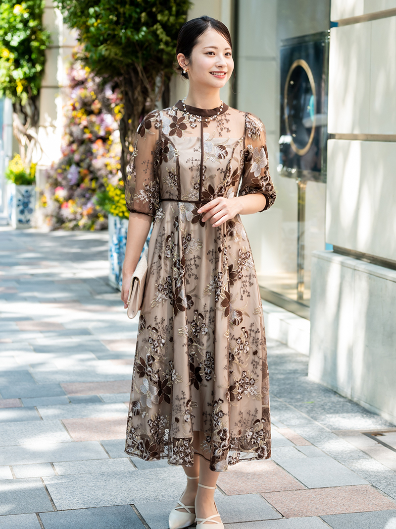 フラワー刺繍ドレス(ブラウン)CL1-439BR-S