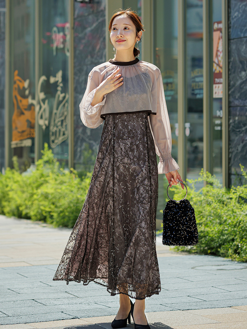 シアーボレロ付レースドレス(ブラウン)AB1-426BR-L