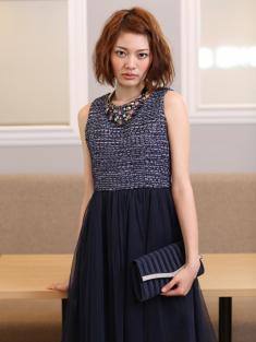 ツイード×チュールドレス(ネイビー)EL1-127NA-M