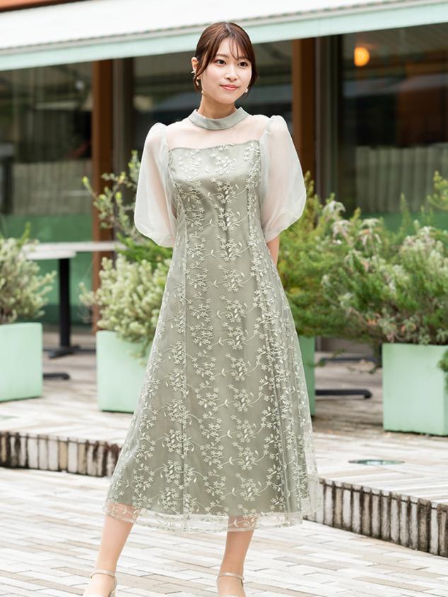 パフスリーブ刺繍ドレス(グリーン) CR1-435GR-L