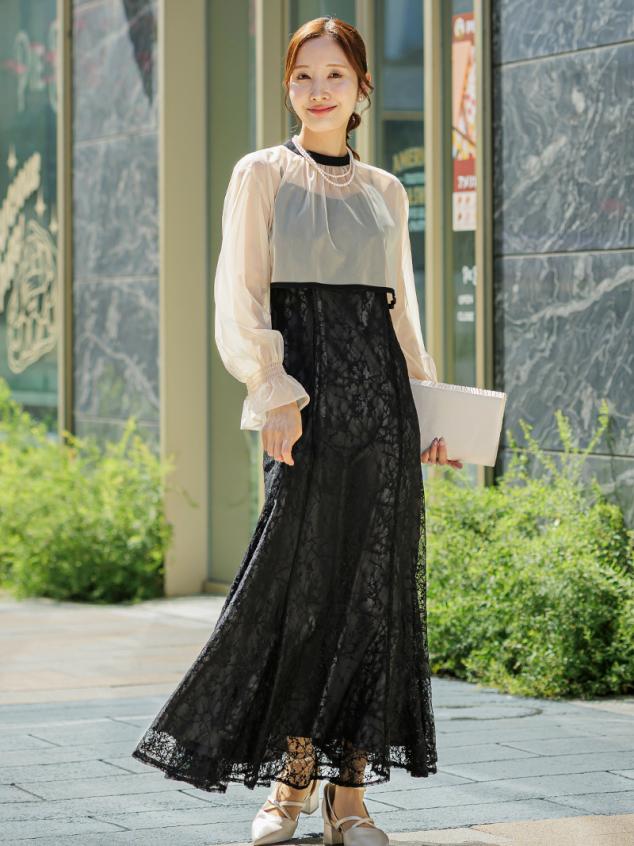 シアーボレロ付レースドレス(ブラック)AB1-426BL-L