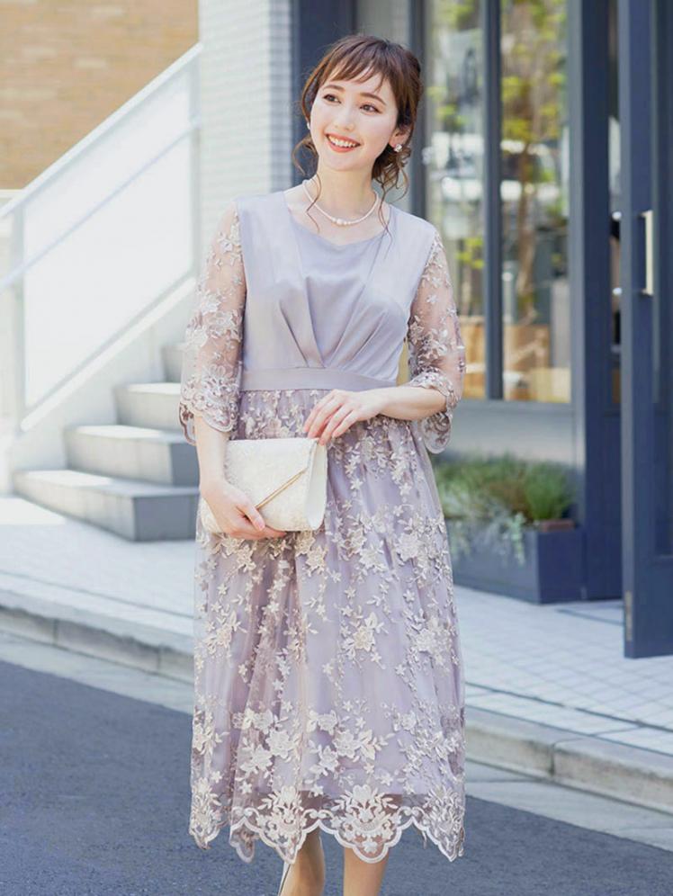 サテン刺繍ワンピース ラベンダー H1 322lvd M パーティドレススタイル