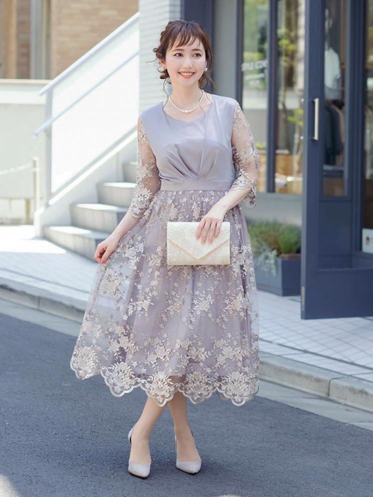 サテン刺繍ワンピース ラベンダー H1 322lvd M パーティドレススタイル