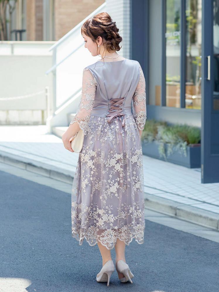 サテン刺繍ワンピース ラベンダー H1 322lvd M パーティドレススタイル