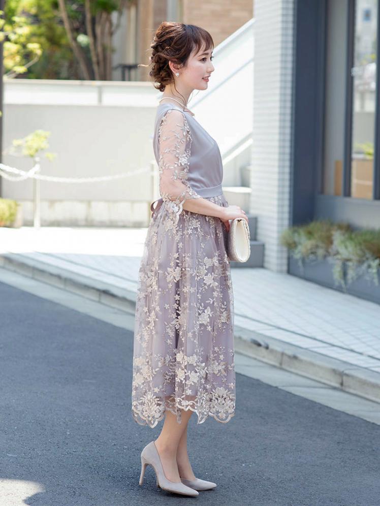 サテン刺繍ワンピース ラベンダー H1 322lvd M パーティドレススタイル