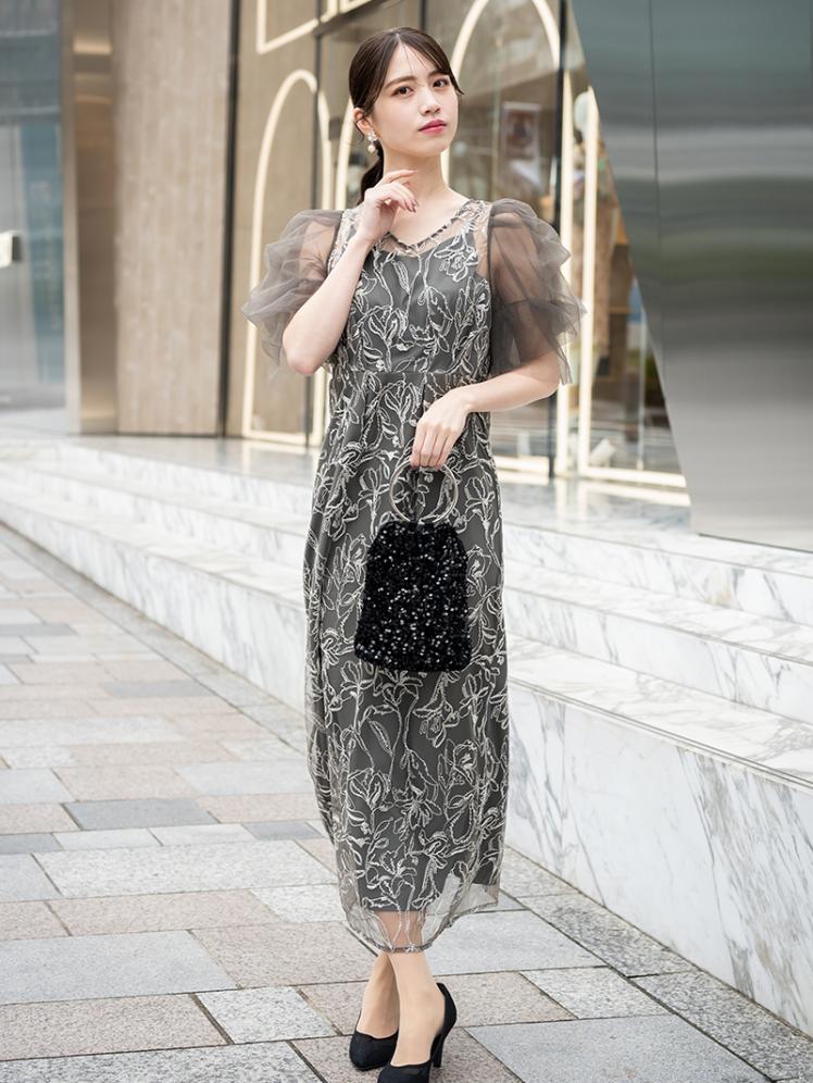 チュールスリーブペンシルドレス(チャコールグレー)CL1-453C-GRY-S 3