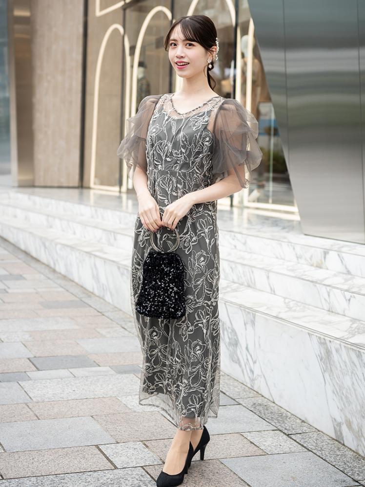 チュールスリーブペンシルドレス(チャコールグレー)CL1-453C-GRY-M 1