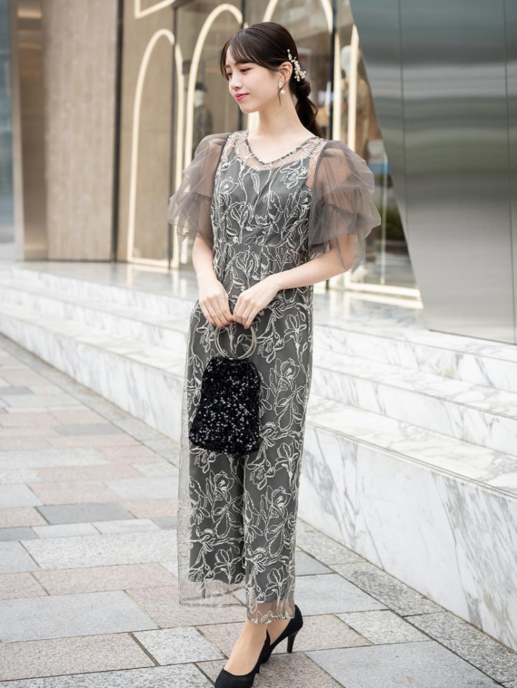 チュールスリーブペンシルドレス(チャコールグレー)CL1-453C-GRY-S 2
