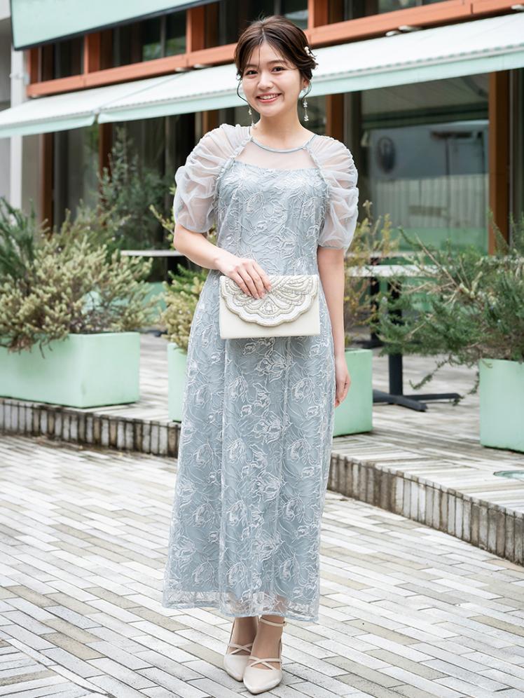 ギャザースリーブ刺繍ドレス(ブルー)CL1-455BU-M 5