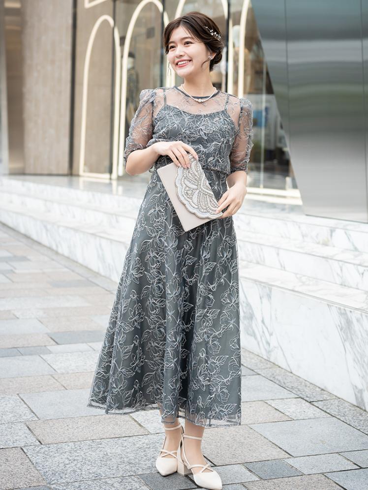 ボレロ付き花柄刺繍ドレス(チャコールグレー)CR1-456C-GRY-S 2