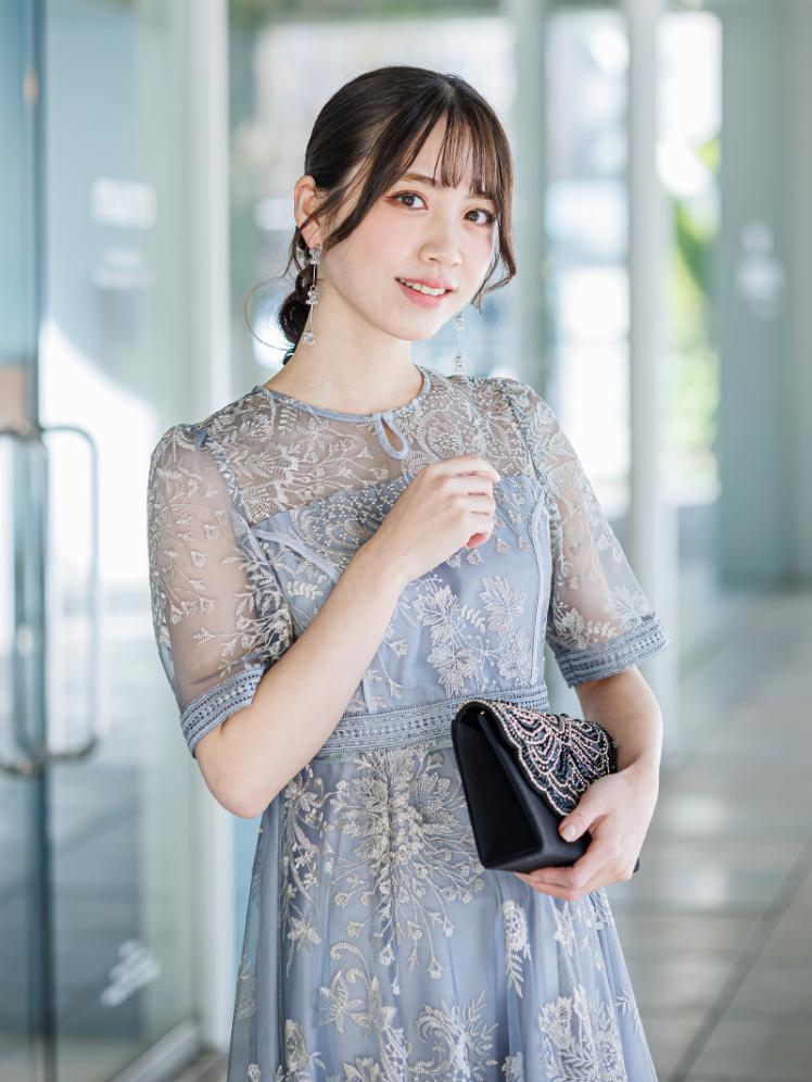 フラワー刺繍フレアドレス(ブルー)CL1-471BU-M 2