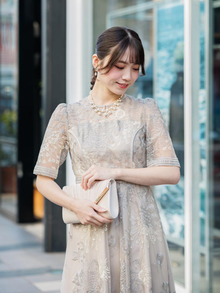フラワー刺繍フレアドレス(グレージュ)CL1-471GRE-L 10