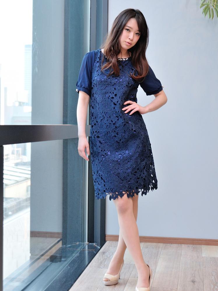 花柄 レースワンピース ネイビー Gr1 161na S パーティドレススタイル