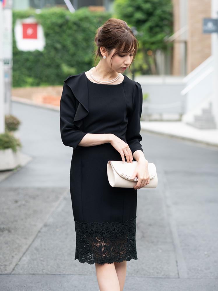 レースミックスタイトドレス(ブラック)K1-205BL-S | パーティドレス 