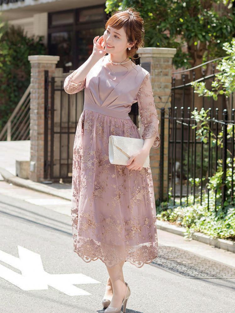 サテン刺繍ワンピース ピンク H1 322pi M パーティドレススタイル