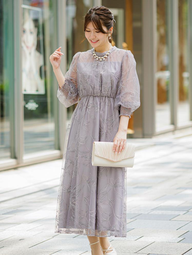 花柄刺繍スタンドカラードレス(モーヴ)CR1-459MOV-M 5