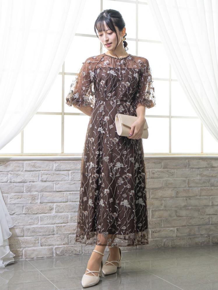 フローラル刺繍シアードレス(ブラウン)CR1-475BR-M 2