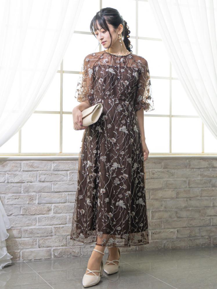 フローラル刺繍シアードレス(ブラウン)CR1-475BR-M 3