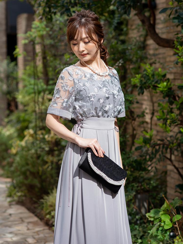 花柄刺繍タックスカートドレス(グレー)H1-384GRY-M | パーティドレス 