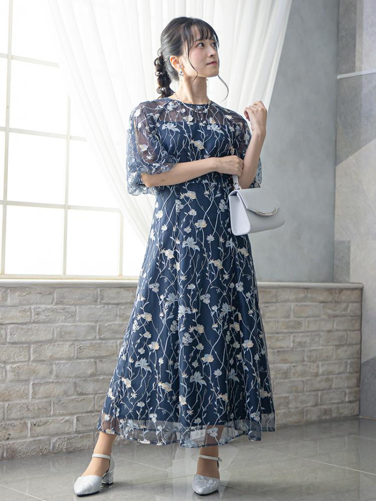 フローラル刺繍シアードレス(ネイビー)CR1-475NA-M 4