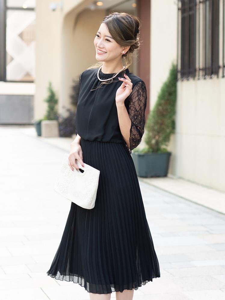 日本未発売【UK12】ブラック オーガンジープリーツシフォンワンピース ドレス