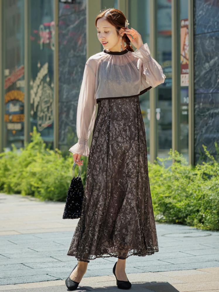 シアーボレロ付レースドレス(ブラウン)AB1-426BR-L 3