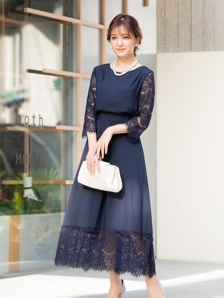 スカラップレースサテンドレス ネイビー Cr1 370na M パーティドレススタイル
