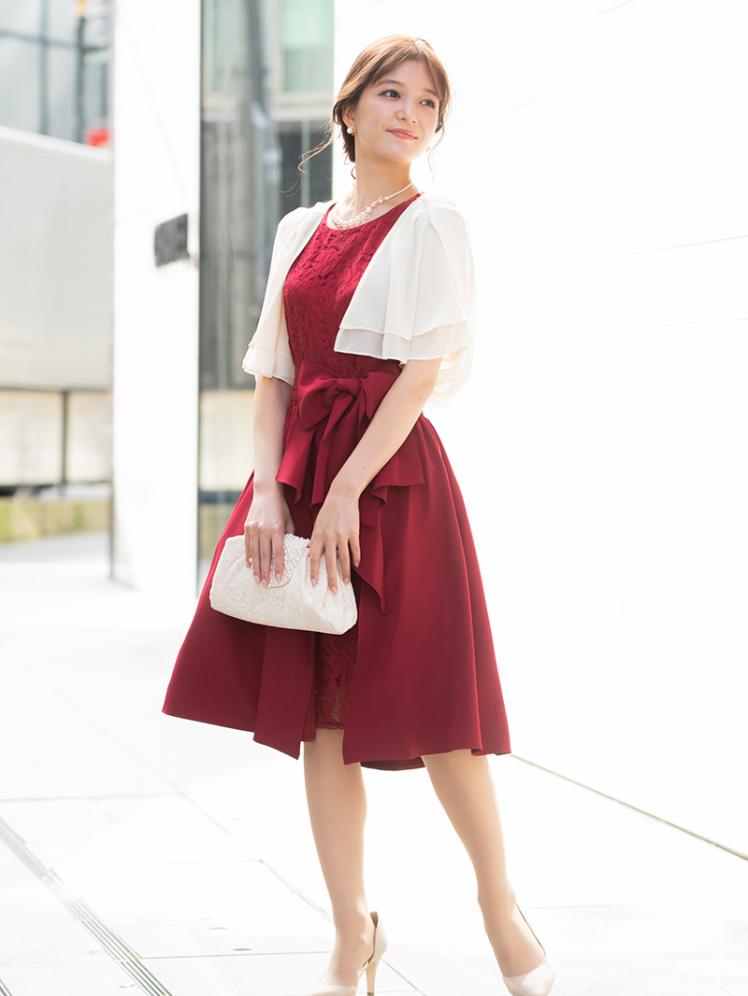 ラップスカートレースドレス レッド T1 364re M パーティドレススタイル