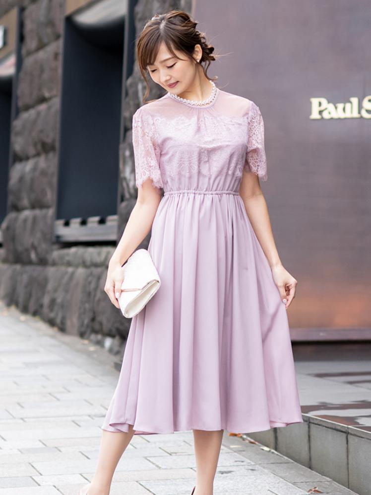 最安値 値下げ　kaene ドレス 結婚式 美品 タグ付き ピンク くすみピンク レース ひざ丈スカート