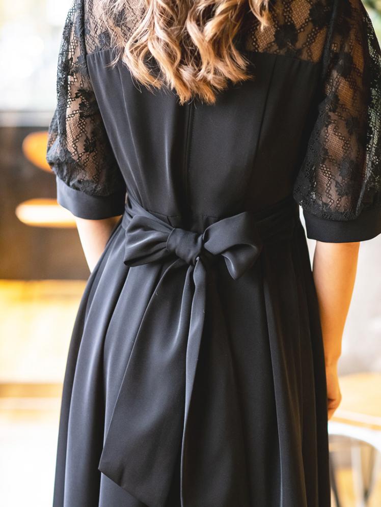 パフスリーブレースドレス(ブラック)CR1-331BL-M | パーティ