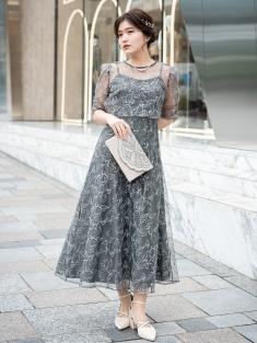 ボレロ付き花柄刺繍ドレス(チャコールグレー)CR1-456C-GRY-L