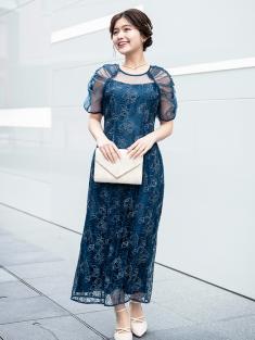 ギャザースリーブ刺繍ドレス(ネイビー)CL1-455NA-M