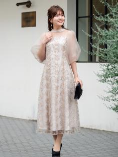 パフスリーブ刺繍ドレス(ベージュ)CR1-435BE-M