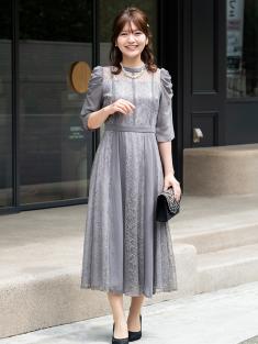 パワーショルダー切替レースドレス(グレー)CR1-407GRY-M