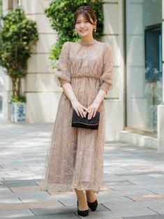 花柄刺繍スタンドカラードレス(モカ)CR1-459MOC-M