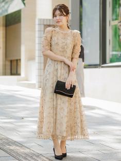 ボレロ付き花柄刺繍ドレス(ベージュ)CR1-456BE-L