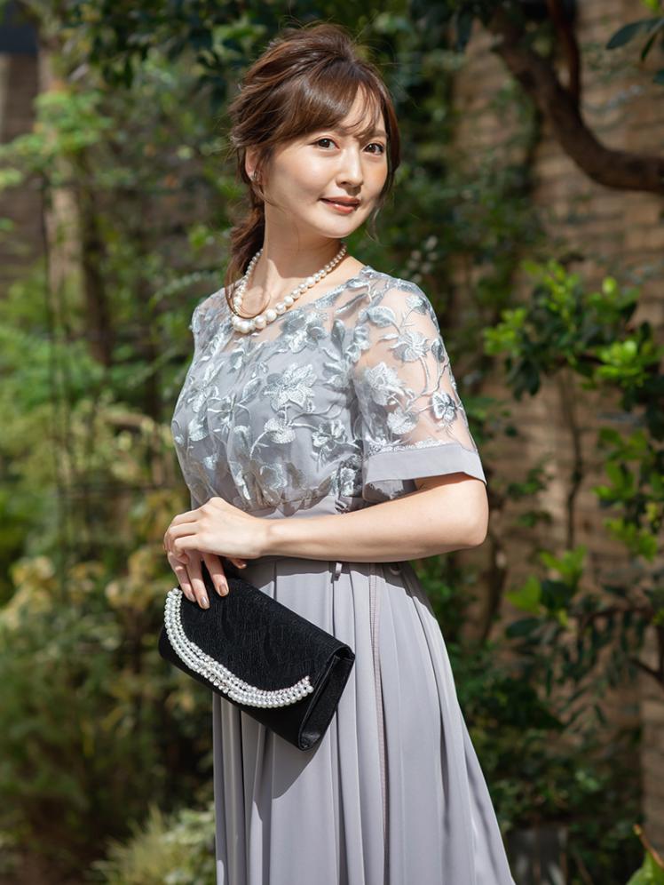 花柄刺繍タックスカートドレス(グレー)H1-384GRY-M 7